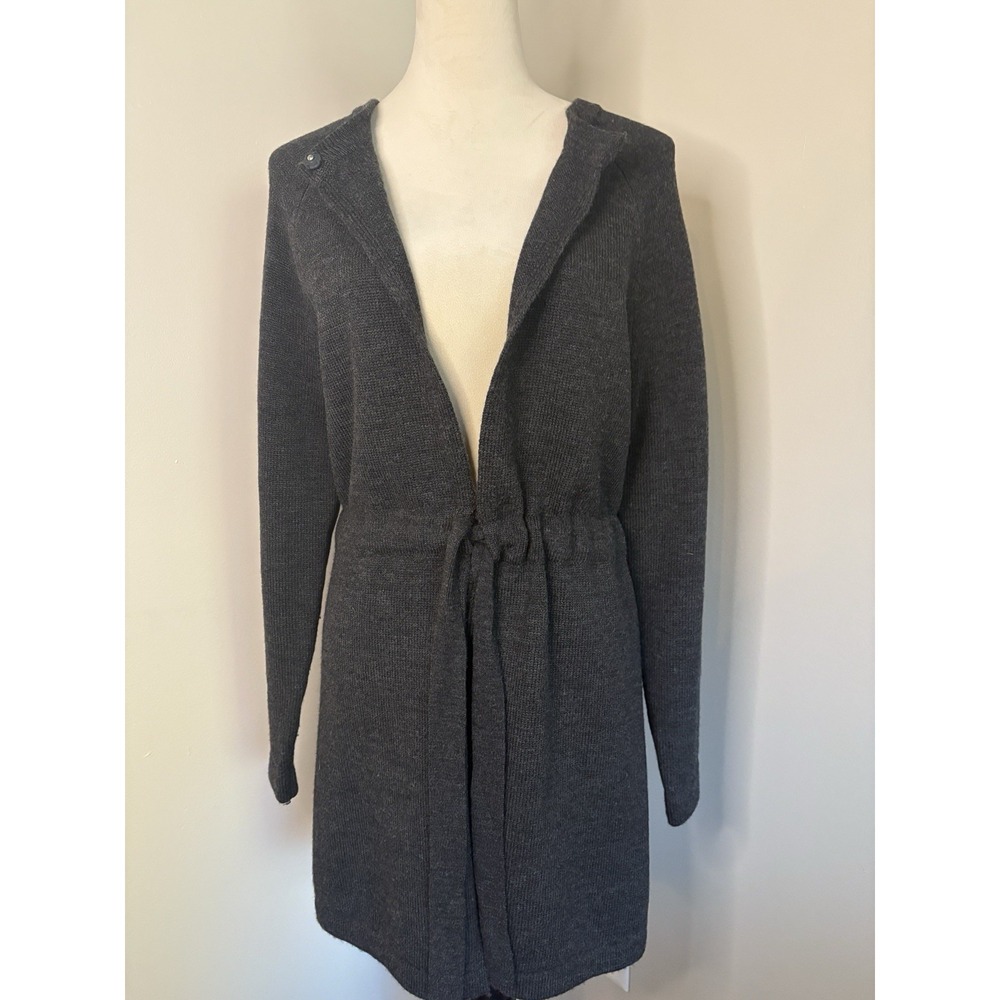 Vtg Susan Bristol 100% Merino Wool Cardigan Sweater Gray Drawstring Waist Small